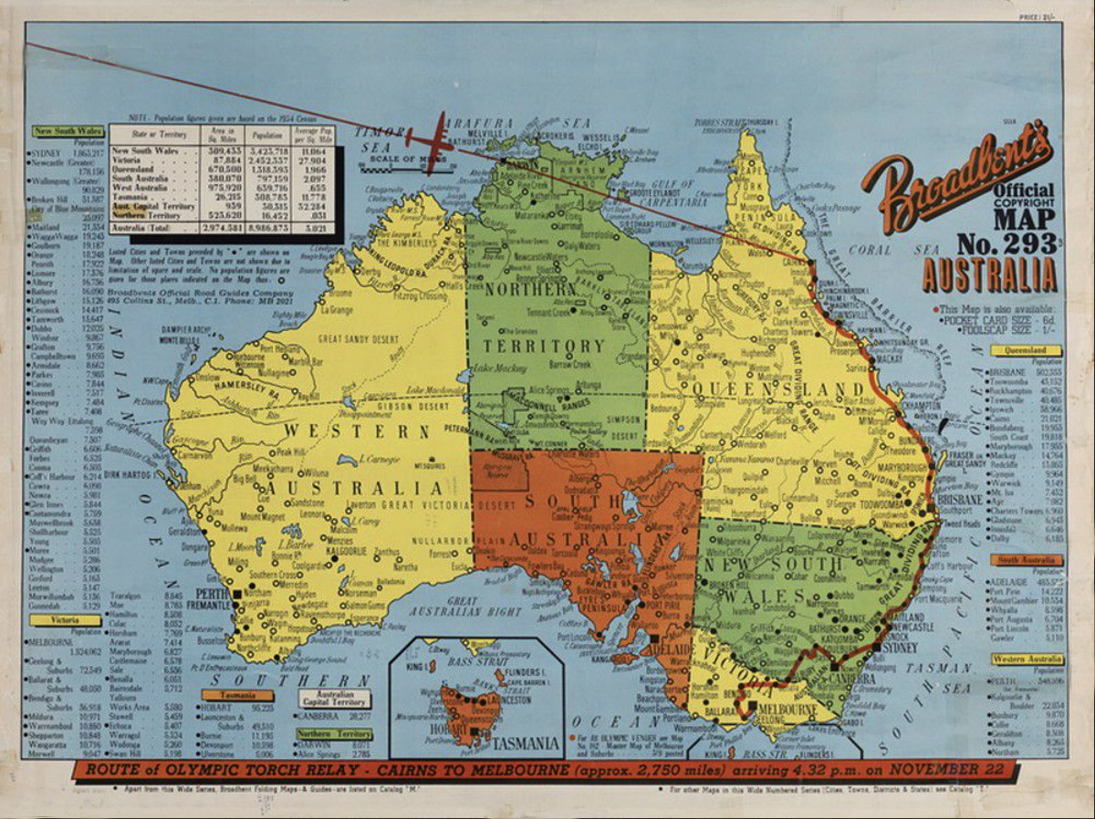 Broadbents 1956 Olympic Torch Relay Map of Australia
